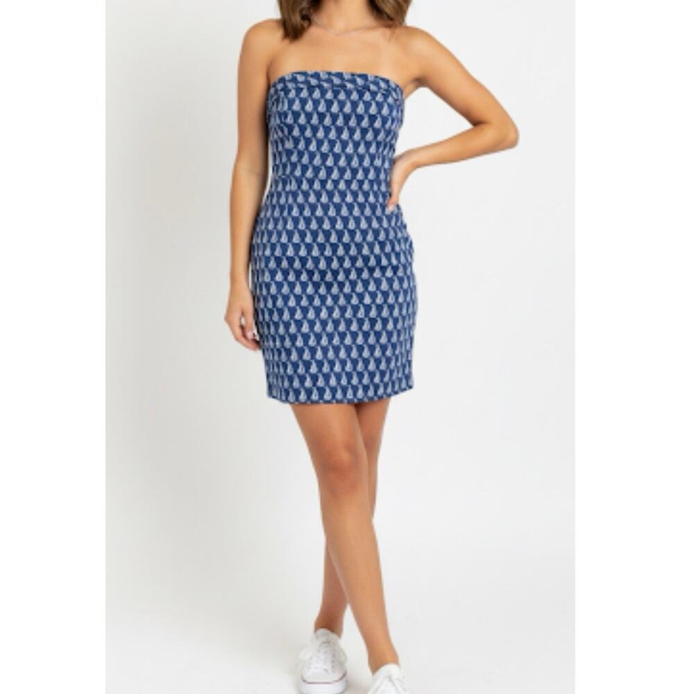Vineyard Vines Cotton Boating Dress Navy Sailboats Strapless Sheath Size 2